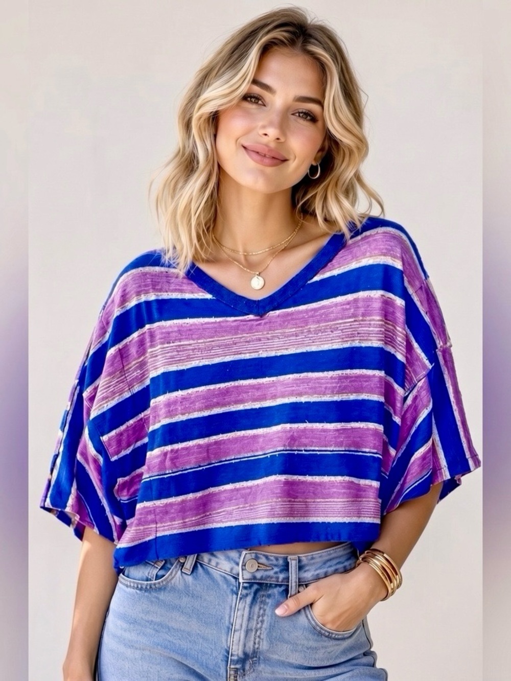 Free People Top XS Blue Purple Striped Metallic Knit Dolman Crop Linen Blouse⁠